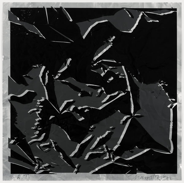 John Chamberlain, Untitled, 1994. Screenprint on crinkled aluminum. 36 x 36 inches. Edition: 20